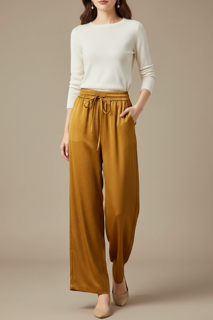 Pantalon Chinois Satin Ample Fluide Doré Élégant