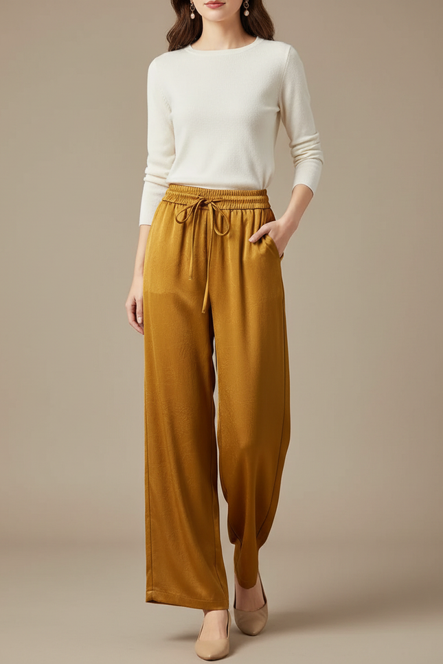 Pantalon Chinois Satin Ample Fluide Doré Élégant