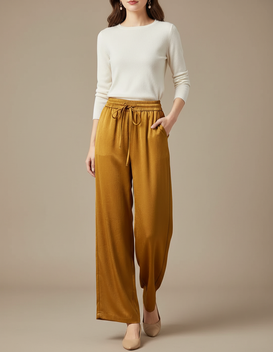 Pantalon Chinois Satin Ample Fluide Doré Élégant