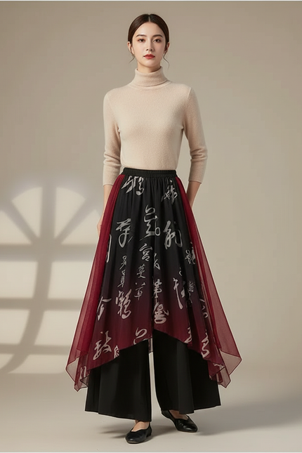 Pantalon Chinois Jupe Chiffon Encre Dégradé Élégant Femme - Noir Viscose
