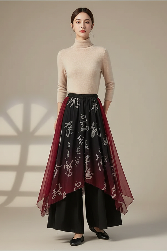 Pantalon Chinois Jupe Chiffon Encre Dégradé Élégant Femme - Noir Viscose