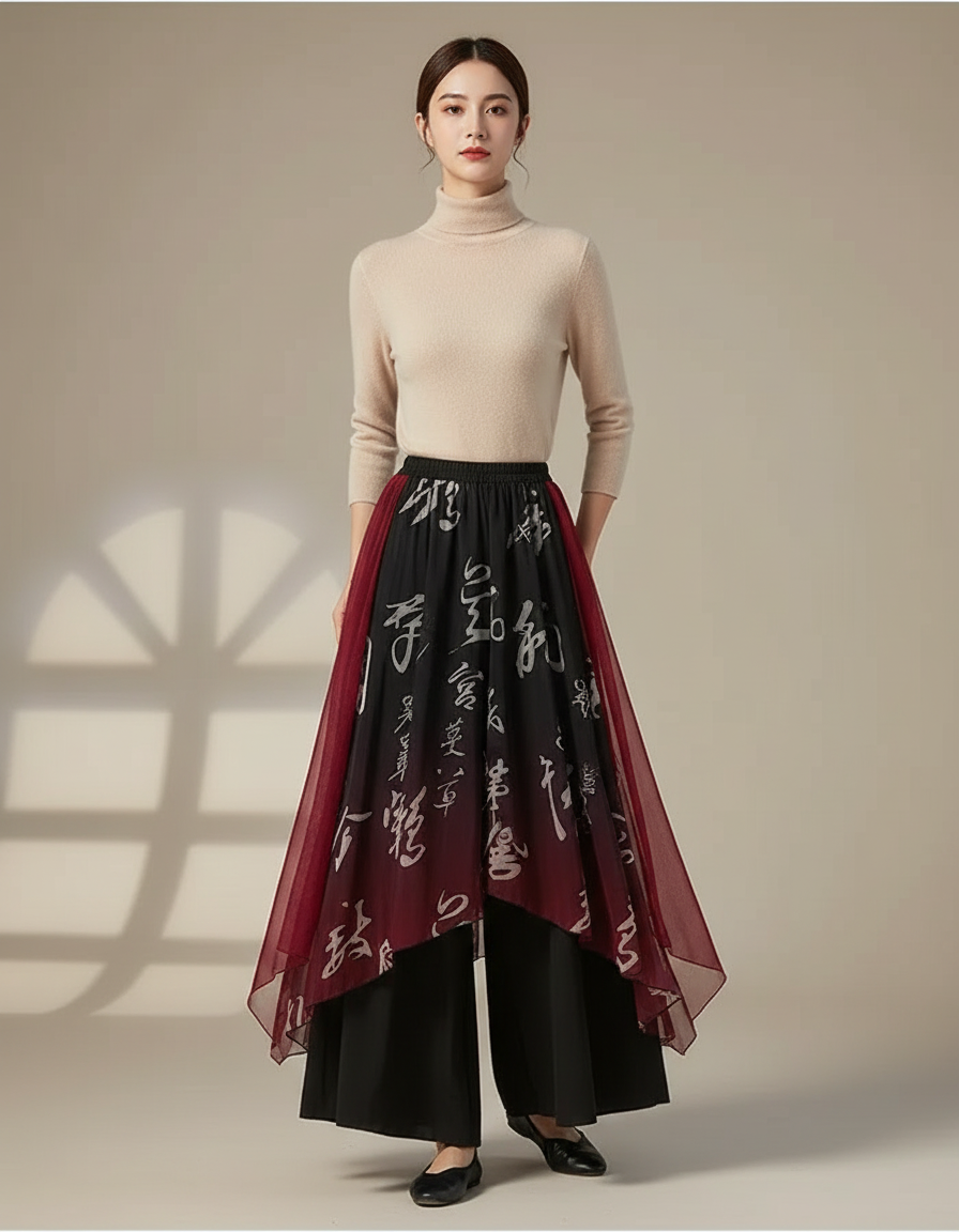 Pantalon Chinois Jupe Chiffon Encre Dégradé Élégant Femme - Noir Viscose