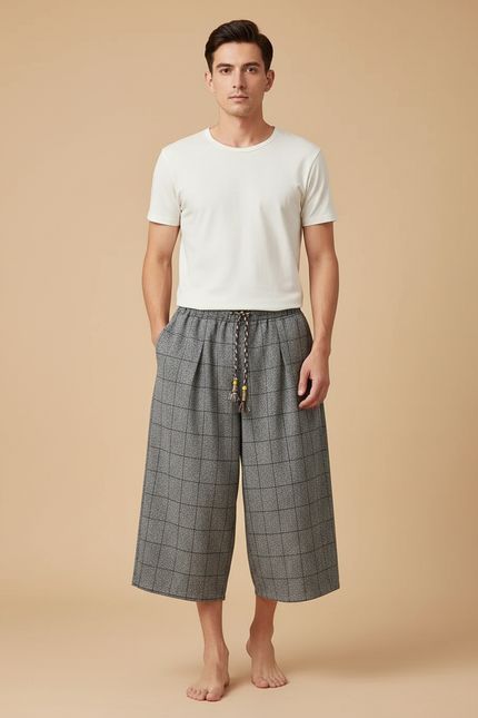 Pantalon Chinois Gris Ample Carreaux Décontracté Coton