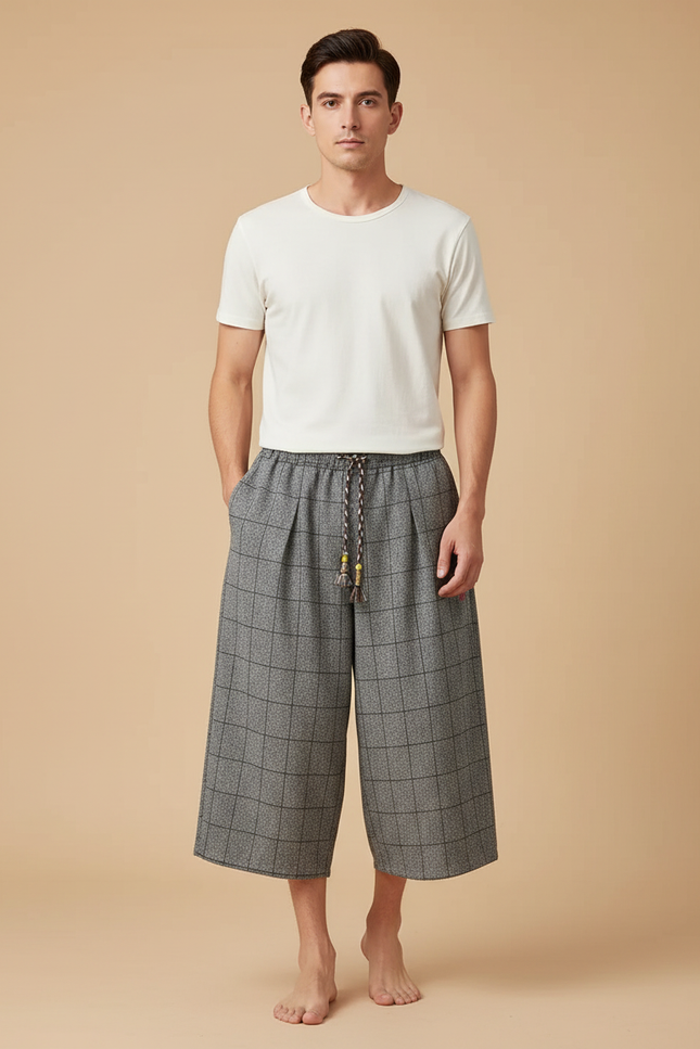 Pantalon Chinois Gris Ample Carreaux Décontracté Coton