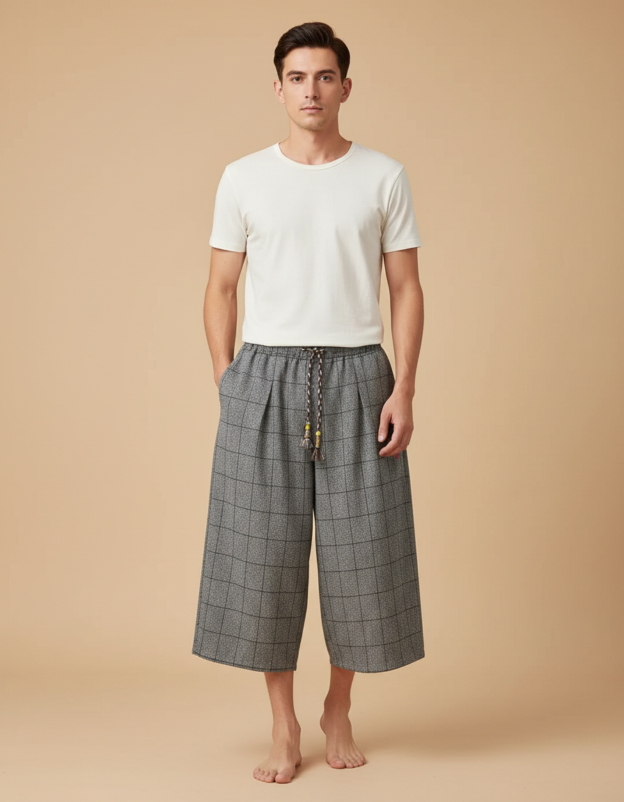 Pantalon Chinois Gris Ample Carreaux Décontracté Coton