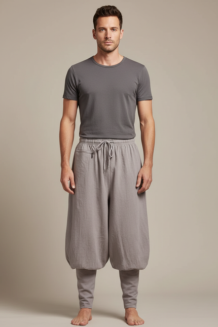 Pantalon Chinois Gris Ample Coton Lin Moine