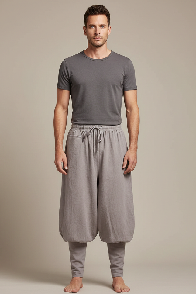Pantalon Chinois Gris Ample Coton Lin Moine