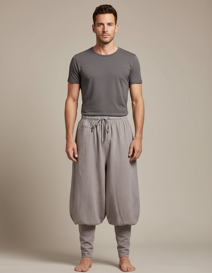Pantalon Chinois Gris Ample Coton Lin Moine