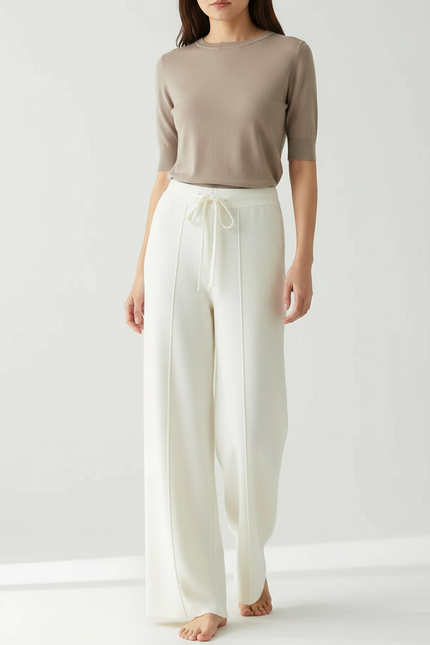 Pantalon Chinois Blanc Crème Laine Mérinos Ample Tricoté - Maille