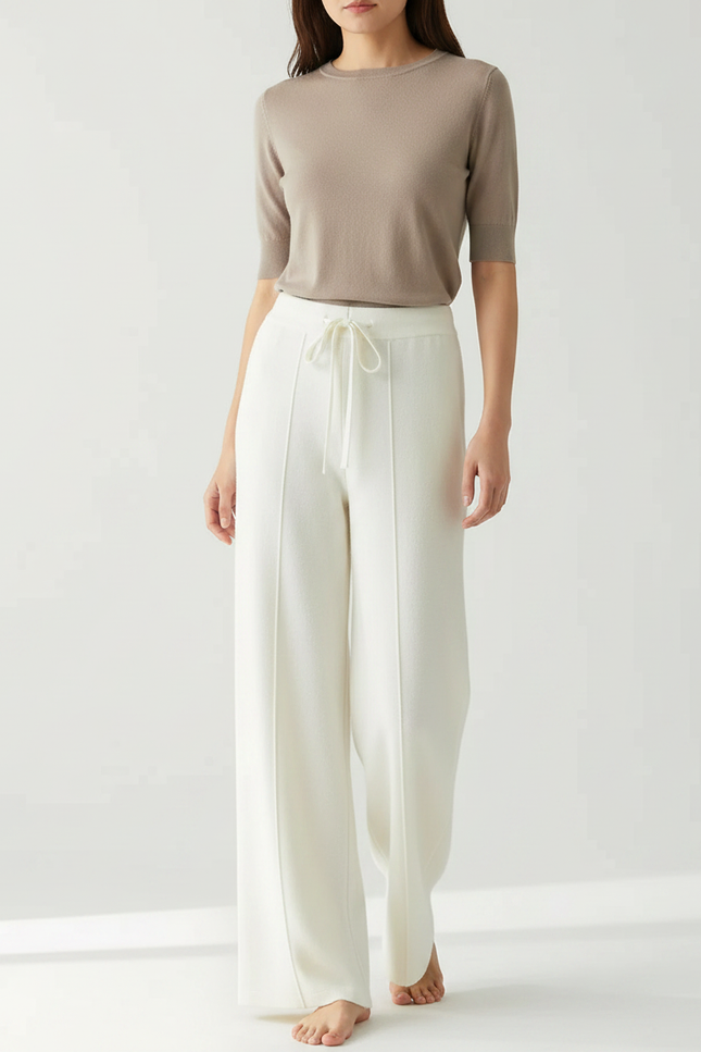 Pantalon Chinois Blanc Crème Laine Mérinos Ample Tricoté - Maille
