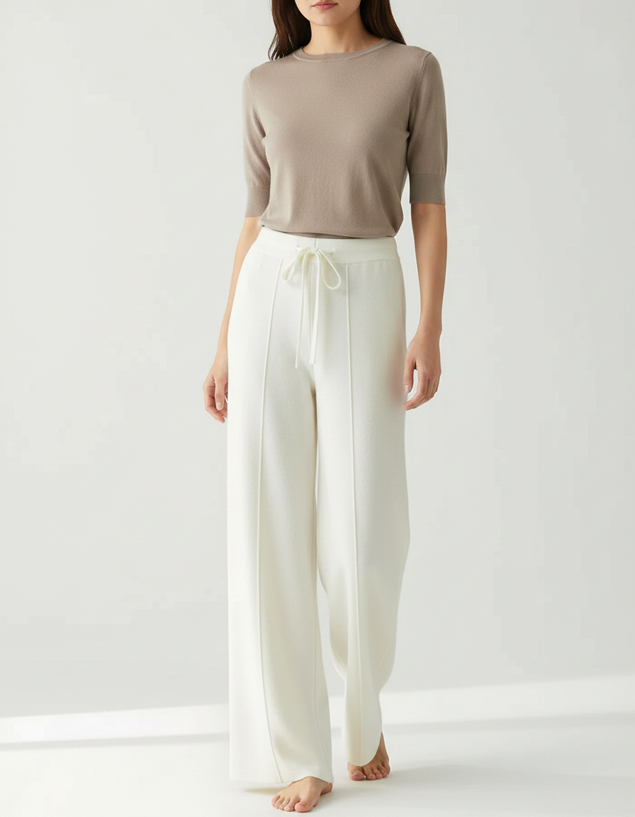 Pantalon Chinois Blanc Crème Laine Mérinos Ample Tricoté - Maille