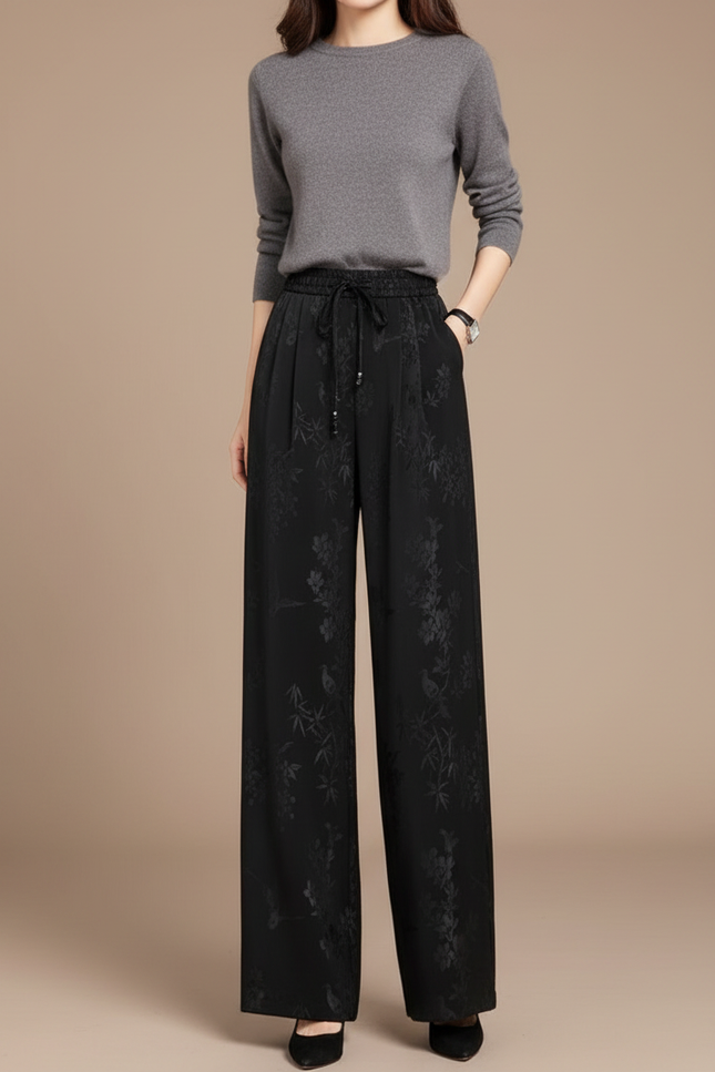 Pantalon Chinois Noir Brodé Fluide Ample Femme - Satin