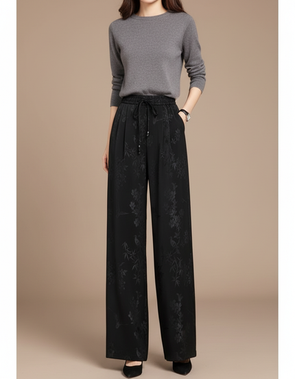 Pantalon Chinois Noir Brodé Fluide Ample Femme - Satin