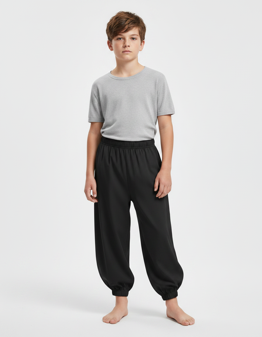 Pantalon Chinois Noir Ample Élastique Enfant Sportif - Polyester