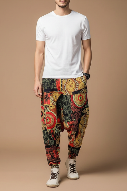 Pantalon Chinois Harem Imprimé Ethnique Fluide Coton Homme - Multicolore