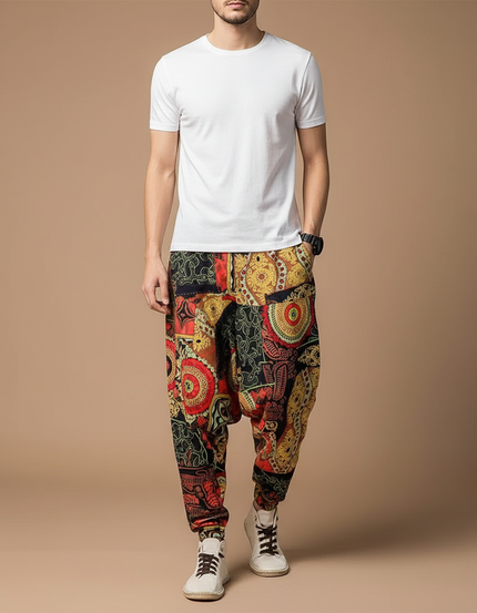 Pantalon Chinois Harem Imprimé Ethnique Fluide Coton Homme - Multicolore