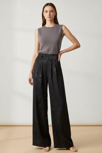 Pantalon Chinois Noir Satiné Ample Fluide Jacquard