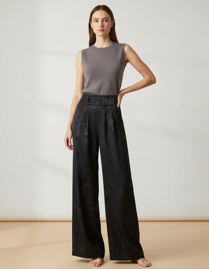 Pantalon Chinois Noir Satiné Ample Fluide Jacquard