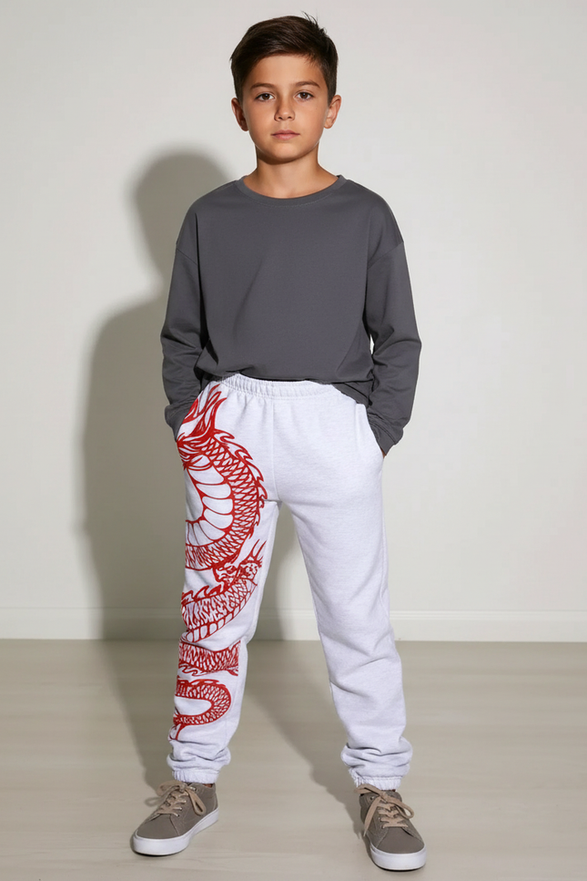 Pantalon Chinois Blanc Dragon Rouge Ample Enfant - Molleton