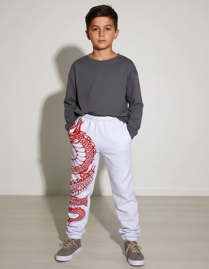 Pantalon Chinois Blanc Dragon Rouge Ample Enfant - Molleton