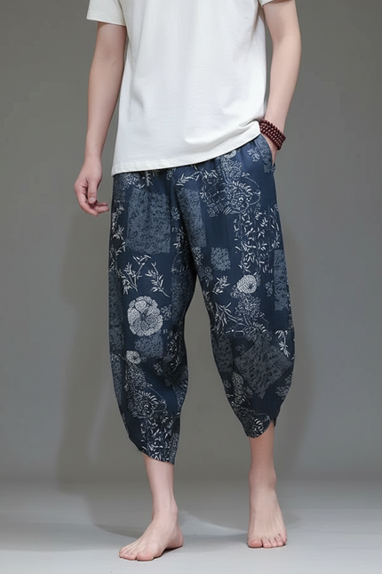 Pantalon Chinois Bleu Imprimé Floral Harem Fluide Homme - Lin