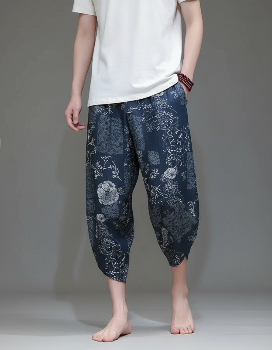 Pantalon Chinois Bleu Imprimé Floral Harem Fluide Homme - Lin