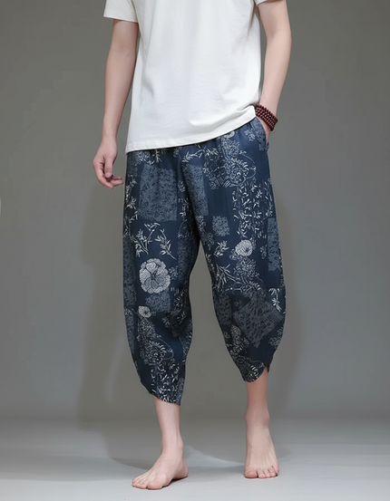 Pantalon Chinois Bleu Imprimé Floral Harem Fluide Homme - Lin