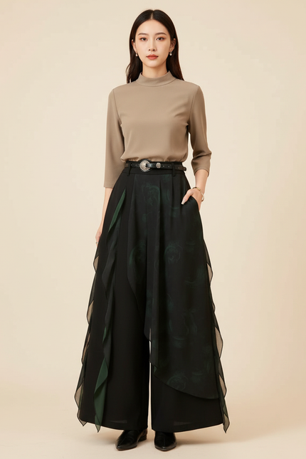 Pantalon Chinois Noir Ample Superposé Fluide Femme - Polyester