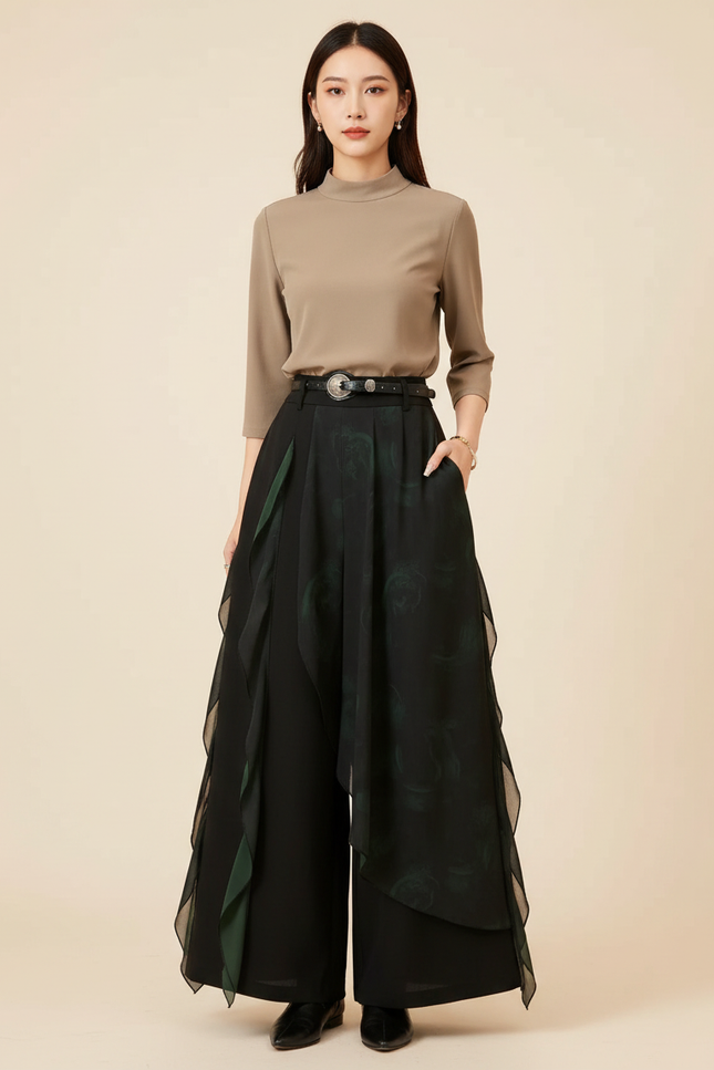 Pantalon Chinois Noir Ample Superposé Fluide Femme - Polyester
