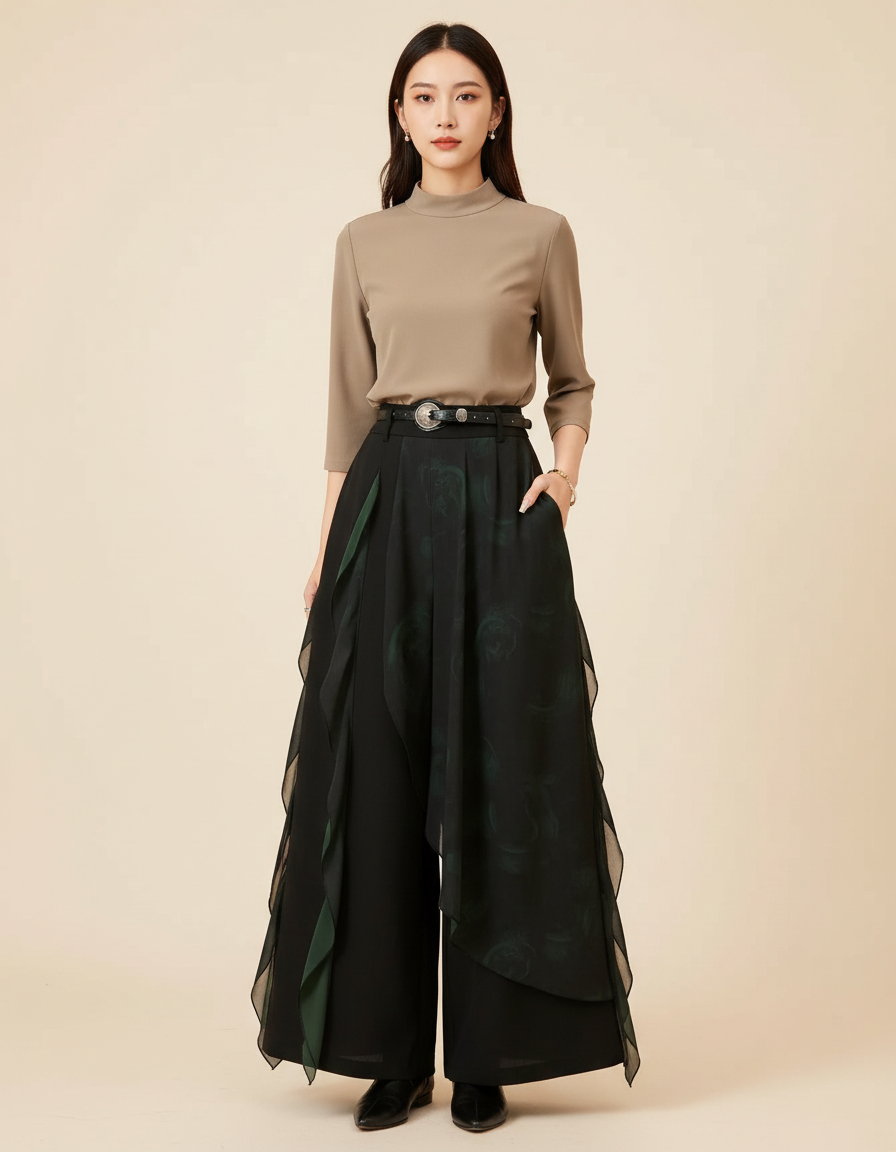 Pantalon Chinois Noir Ample Superposé Fluide Femme - Polyester