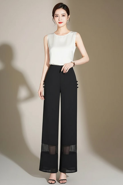 Pantalon Chinois Noir Fluide Transparent Élégant Femme - Polyester