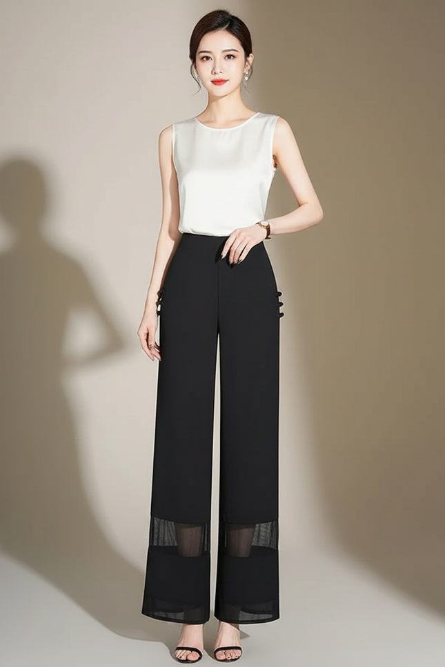 Pantalon Chinois Noir Fluide Transparent Élégant Femme - Polyester