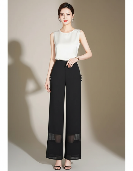 Pantalon Chinois Noir Fluide Transparent Élégant Femme - Polyester