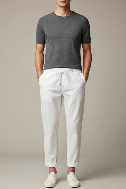Pantalon Chinois Blanc Cordon Ample Coton Lin Casual