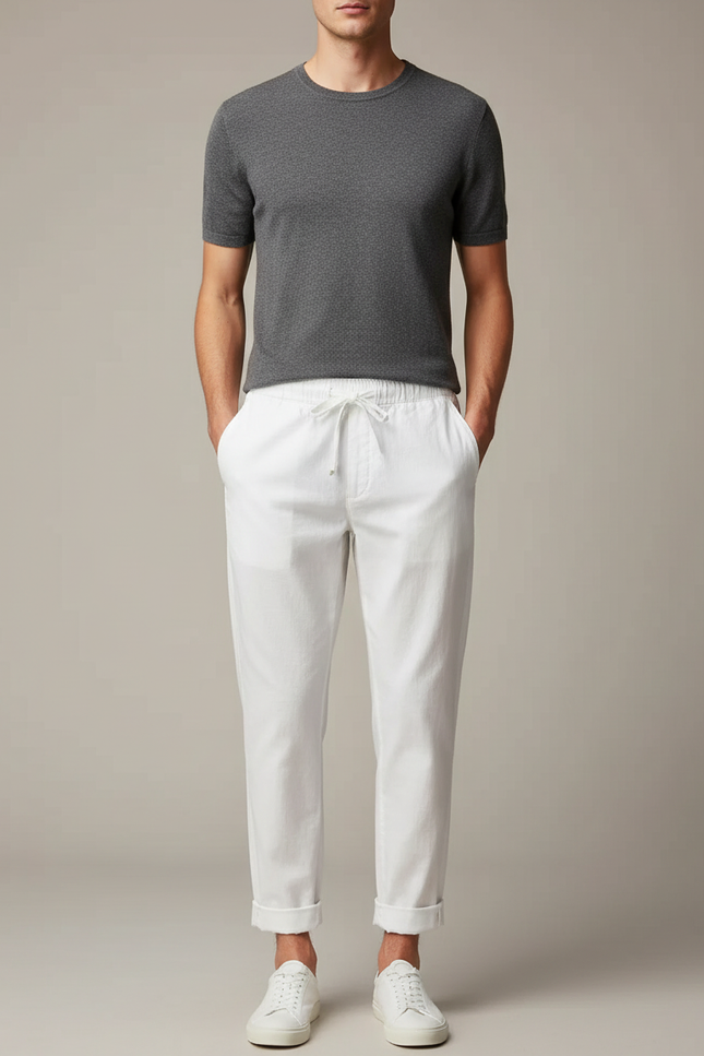 Pantalon Chinois Blanc Cordon Ample Coton Lin Casual