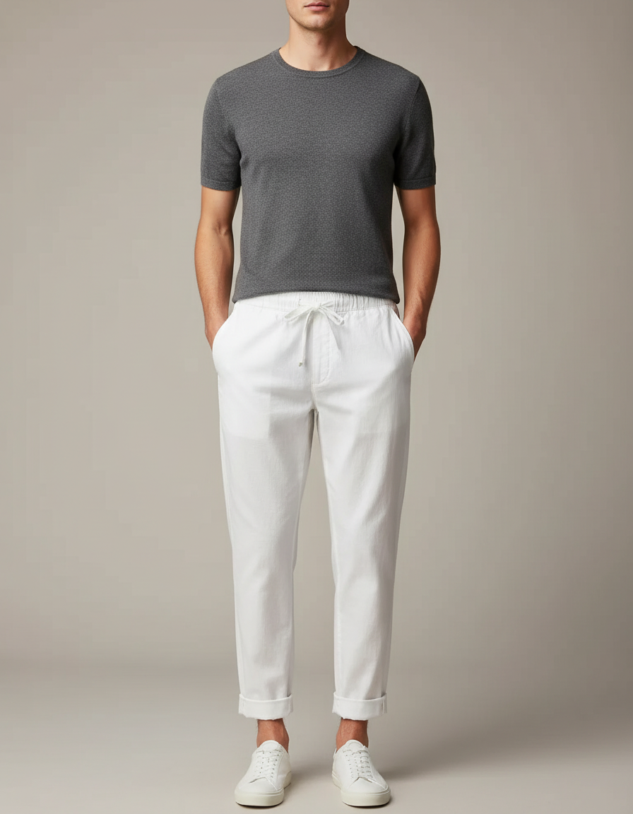Pantalon Chinois Blanc Cordon Ample Coton Lin Casual