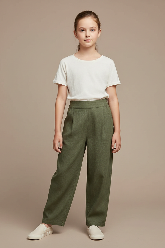 Pantalon Chinois Vert Ample Lin Plissé Décontracté - Kaki