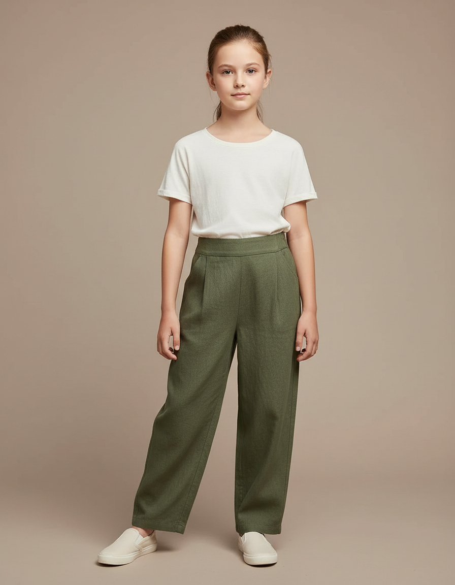 Pantalon Chinois Vert Ample Lin Plissé Décontracté - Kaki