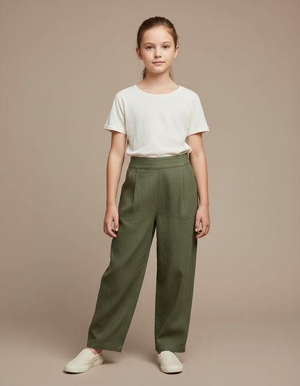 Pantalon Chinois Vert Ample Lin Plissé Décontracté - Kaki