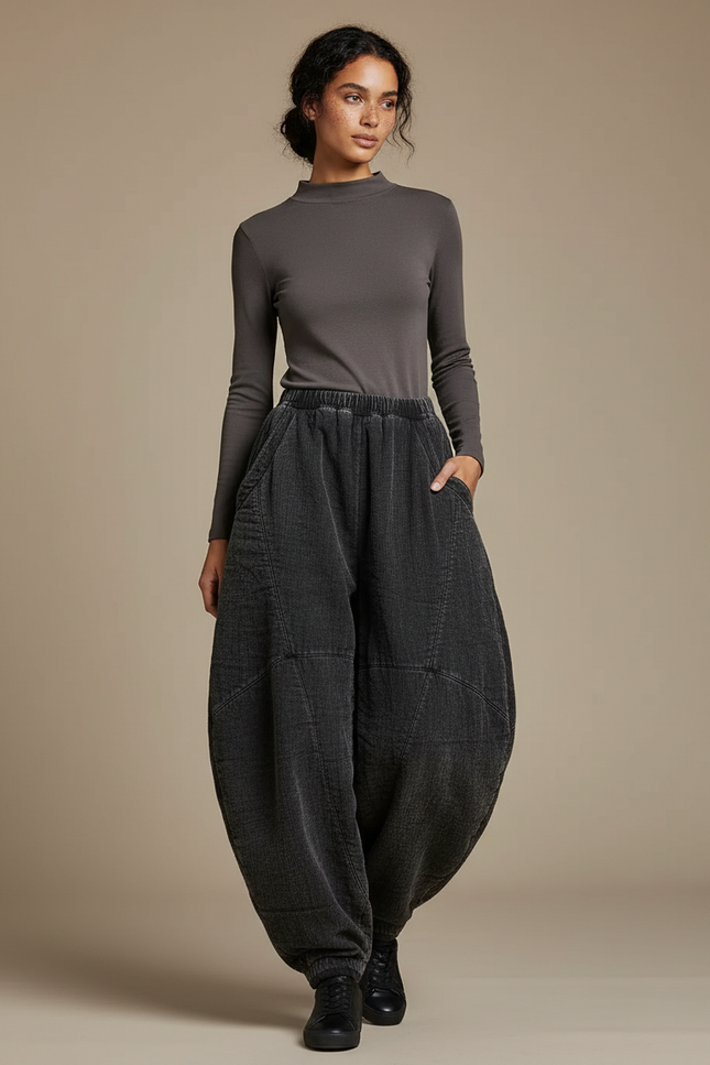 Pantalon Chinois Gris Ample Côtelé Harem Décontracté - Cordé