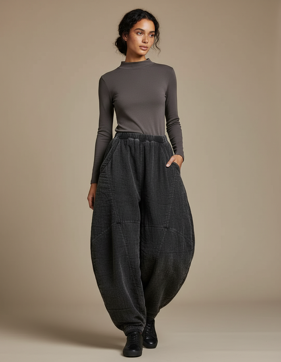 Pantalon Chinois Gris Ample Côtelé Harem Décontracté - Cordé