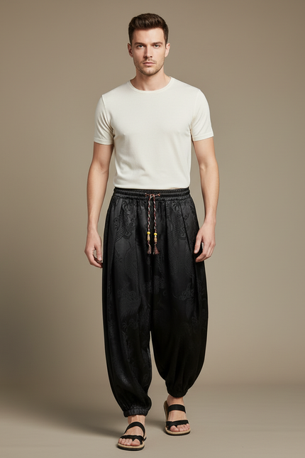 Pantalon Chinois Noir Satin Dragon Ample Homme