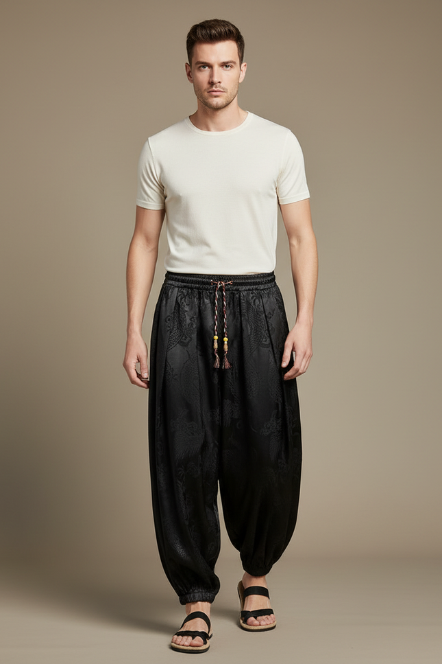 Pantalon Chinois Noir Satin Dragon Ample Homme