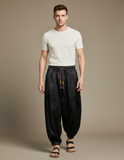 Pantalon Chinois Noir Satin Dragon Ample Homme
