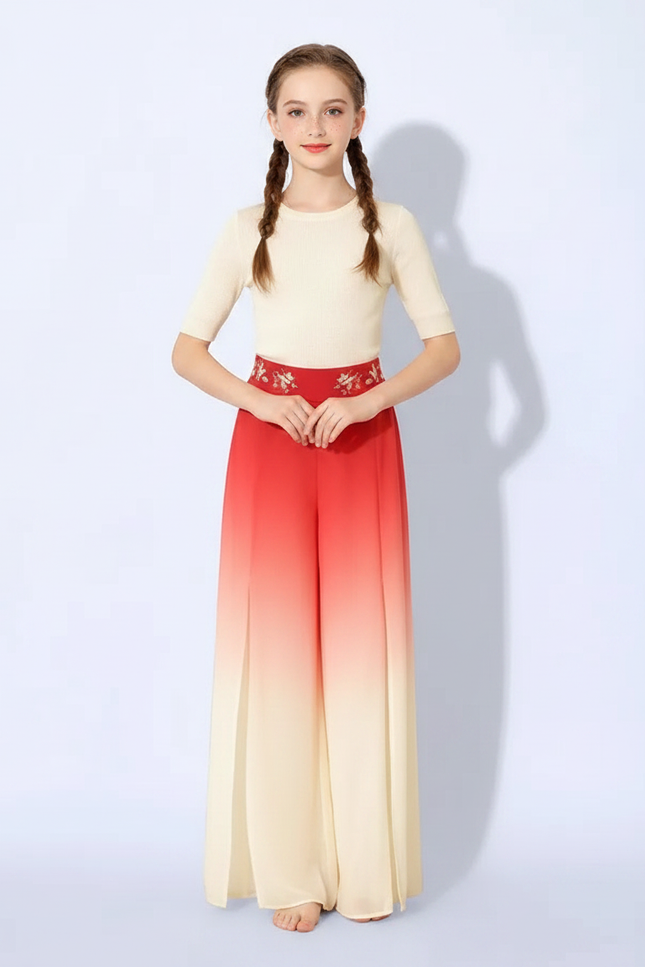 Pantalon Chinois Dégradé Fluide Ample Fendu Rouge Crème - Multicolore Viscose