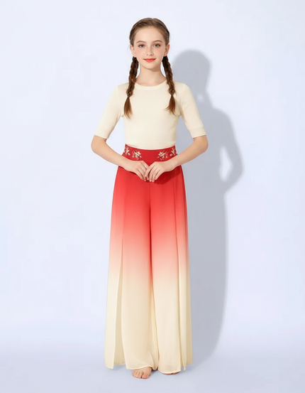 Pantalon Chinois Dégradé Fluide Ample Fendu Rouge Crème - Multicolore Viscose