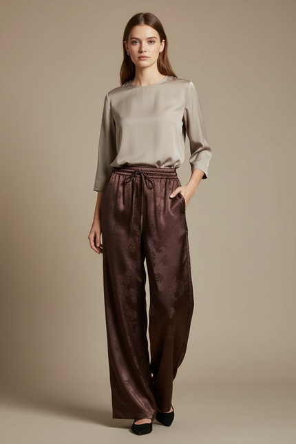 Pantalon Chinois Marron Satin Jacquard Ample Fluide