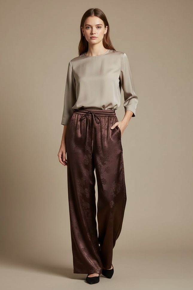 Pantalon Chinois Marron Satin Jacquard Ample Fluide
