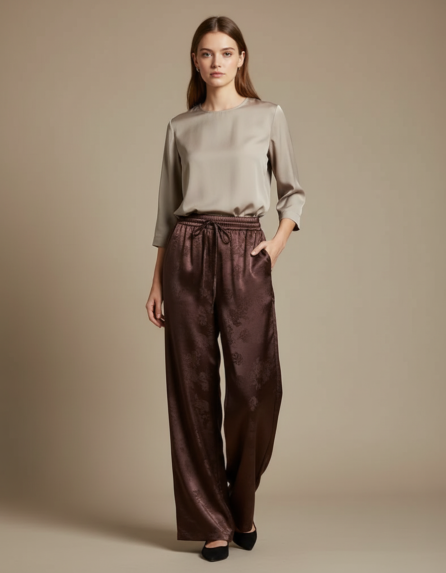 Pantalon Chinois Marron Satin Jacquard Ample Fluide