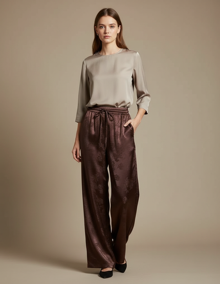 Pantalon Chinois Marron Satin Jacquard Ample Fluide